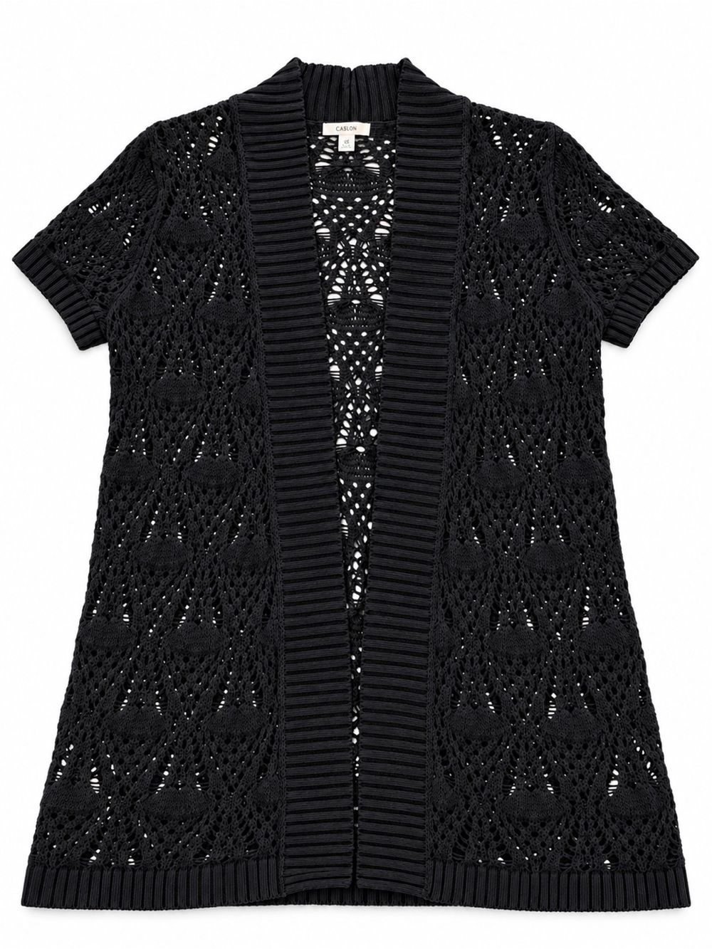 CASLON OPEN KNIT CROCHET CARDIGAN XSMALL PETITE BLACK SHORT SLEEVE BOHO LAYER